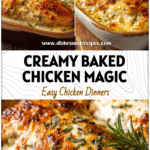 Golden baked boneless chicken breasts topped with creamy cheese sauce in a rustic casserole dish.